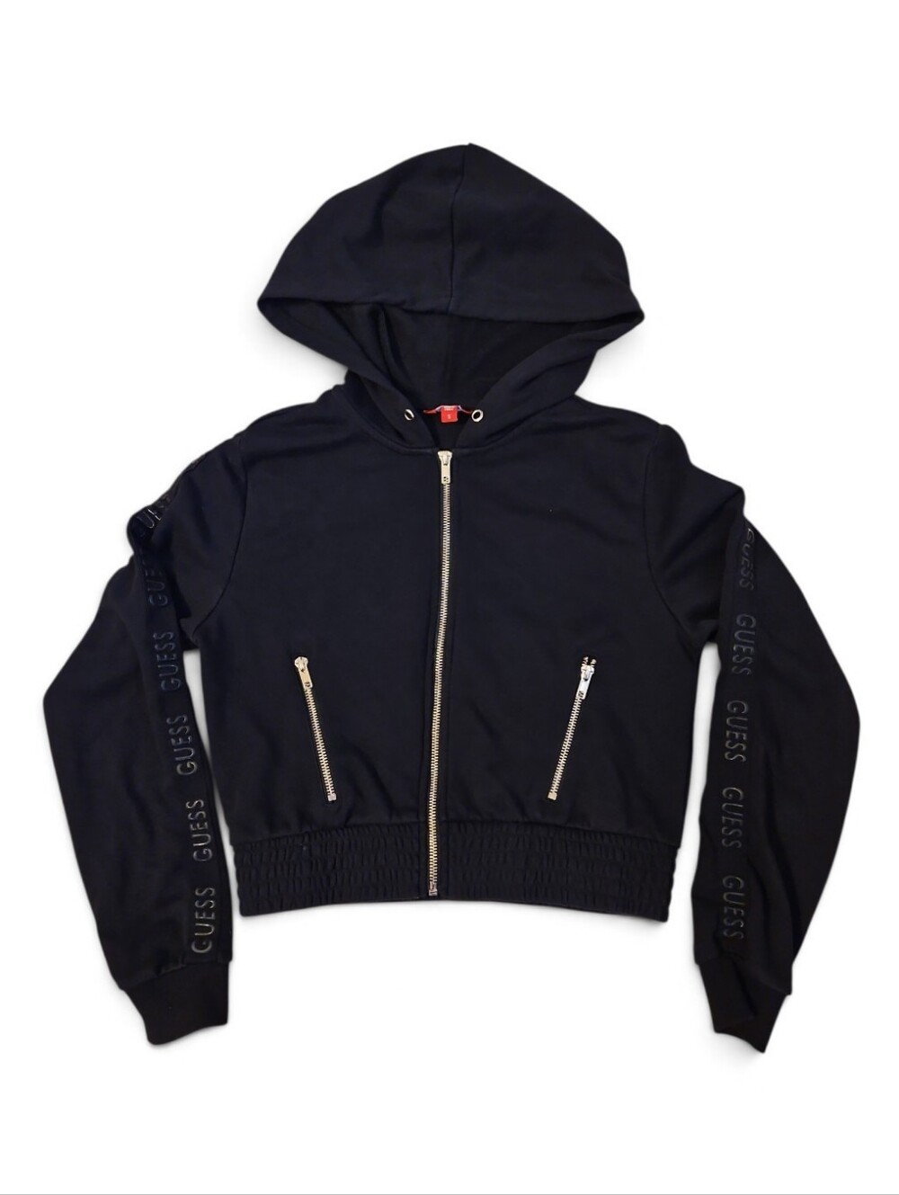 GUESS Black Hooded Zip-Up Bomber Cropped Jacket with Branded Sleeve
